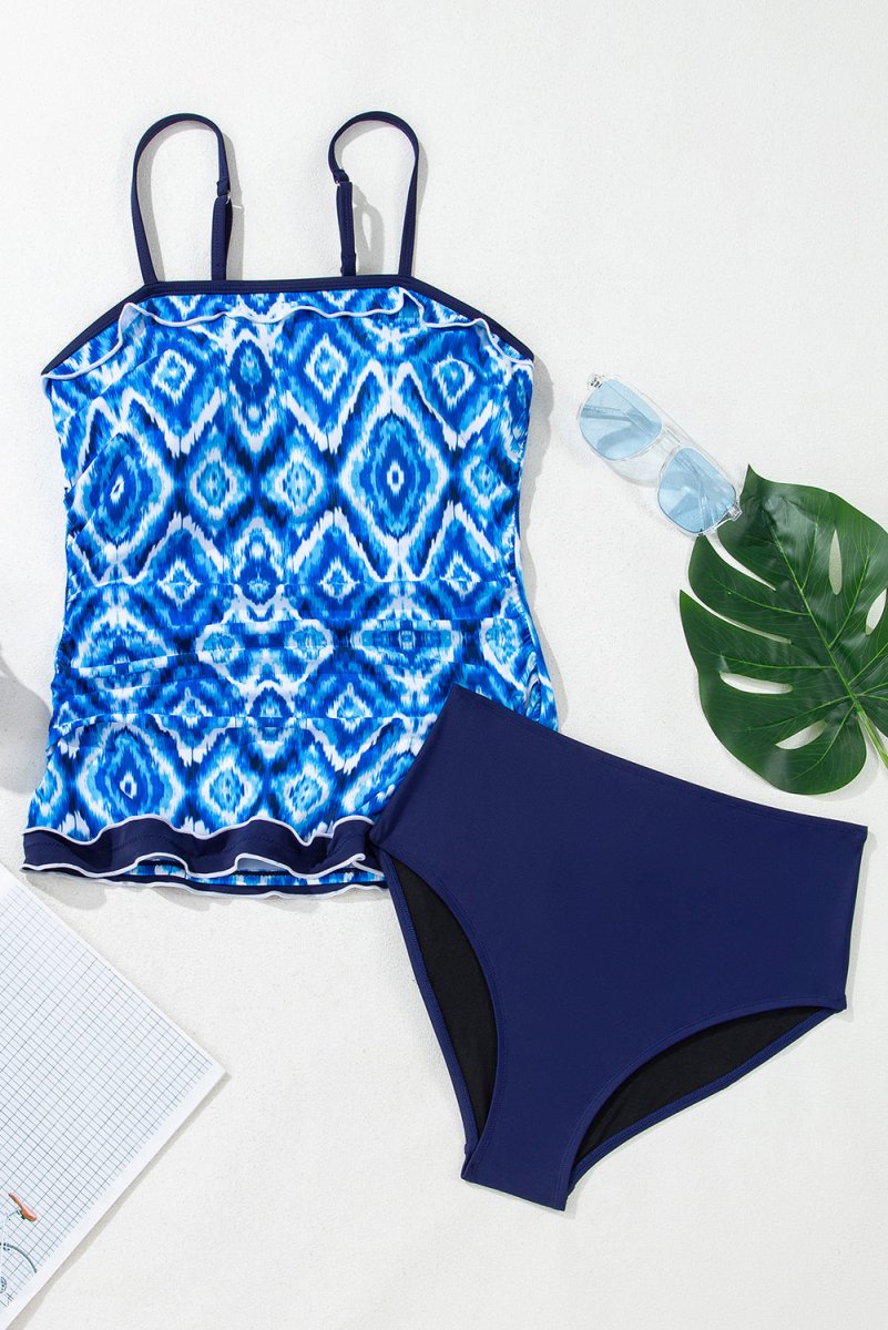 Navy Blue Abstract Print Frilled Trim Spaghetti Straps Tankini Set - Love Salve